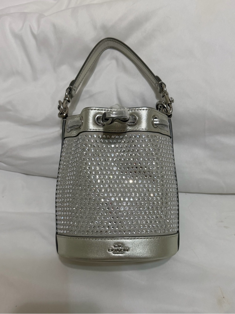 Coach Silver Crystal-Studded Mini Bucket Bag